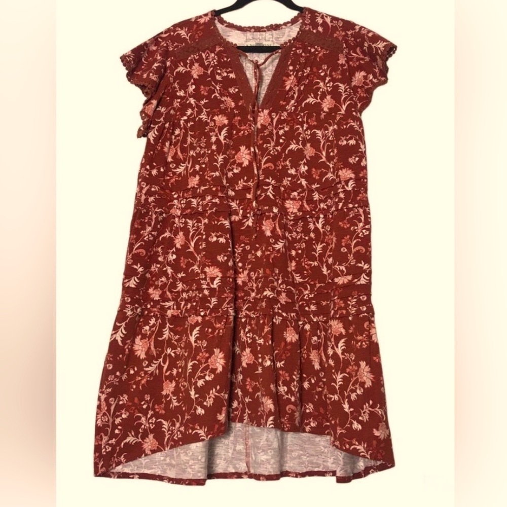 Knox Rose Shift Dress Womens SZ M Burnt Orange Flutter Sleeve Floral Tiered Boho